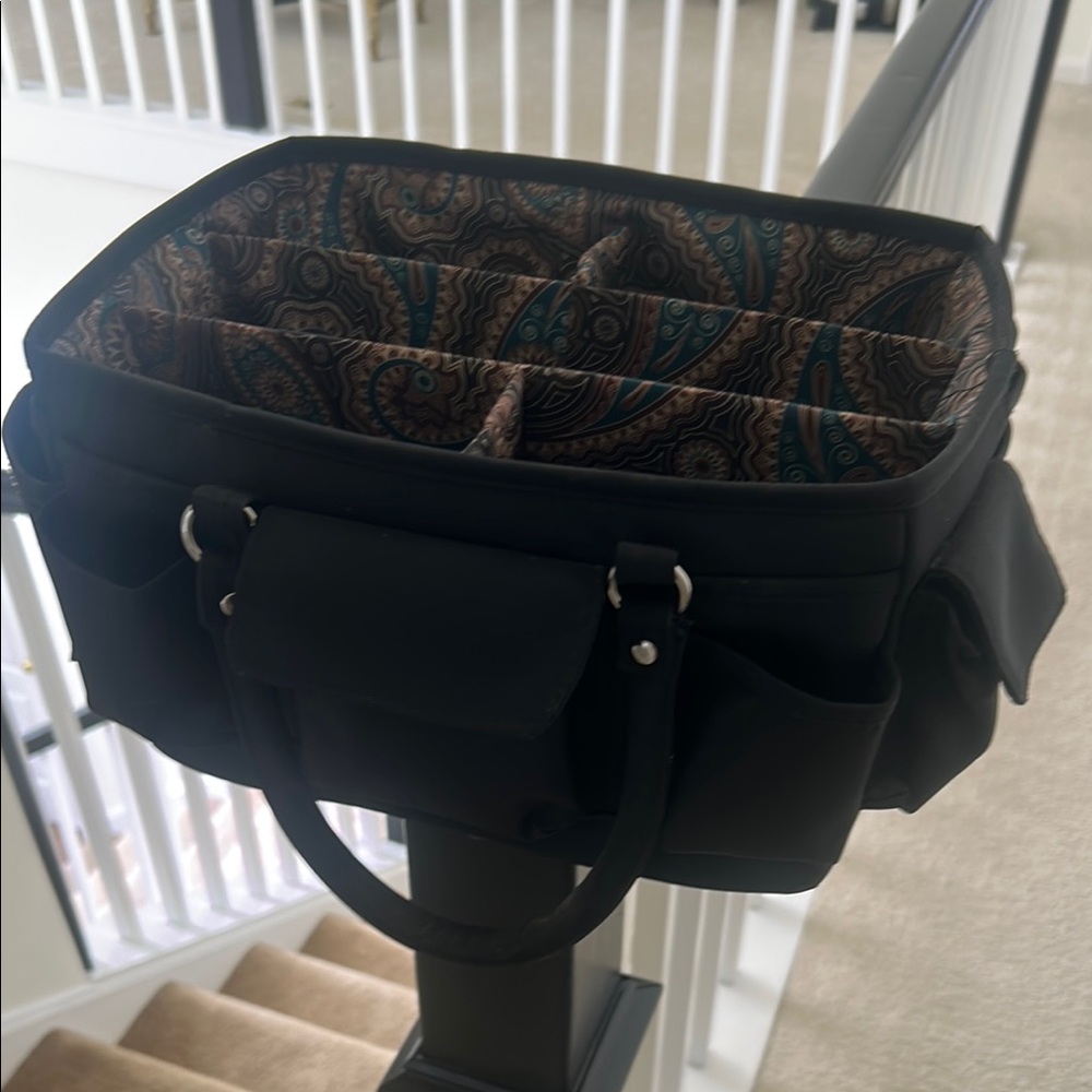 Black Makeup Tote Bag with Patterned Interior